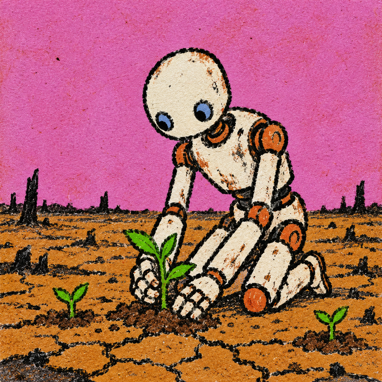 A cream-colored robot planting green seedlings in cracked earth beneath a pink sky